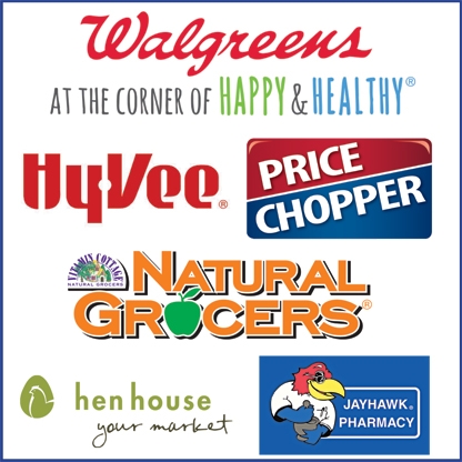 block of retail store logos that carry Cardiotabs walgreens, price chopper, jayhawk pharmacy, hyvee, natural grocers, hen house