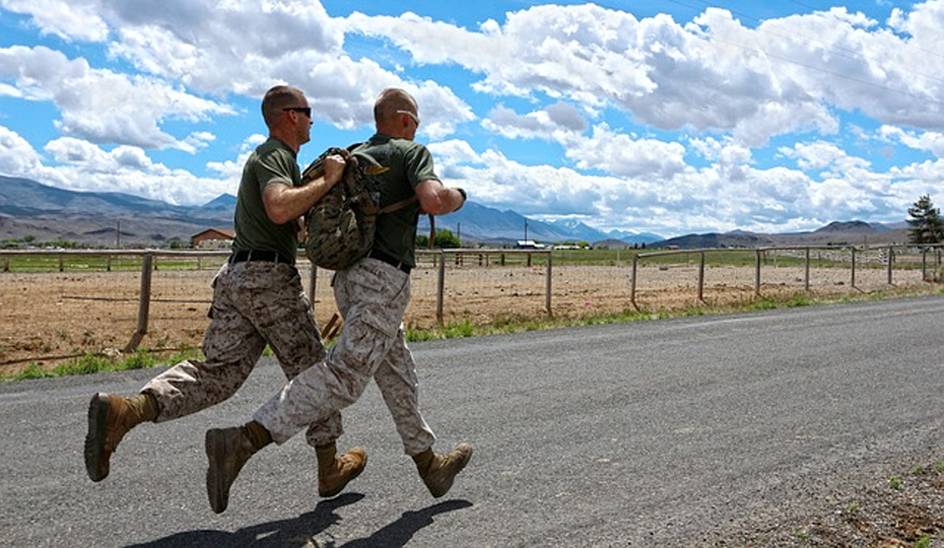 two army men running on fresh spring day