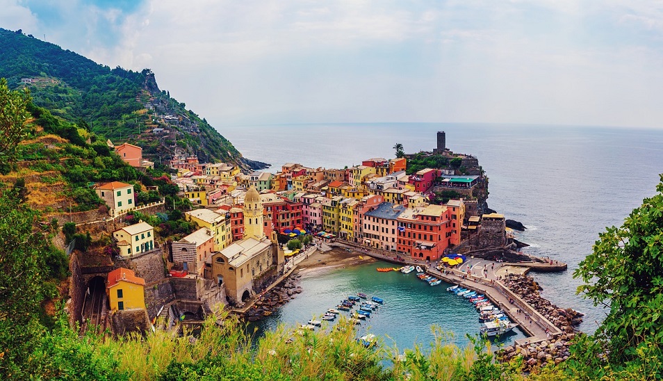view of italian town surrounded by water