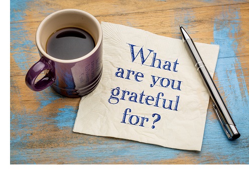 What are you grateful for? A question on a napkin with a cup of espresso coffee.