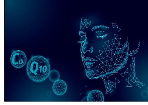 vector futuristic face with coq10 molecule next to it